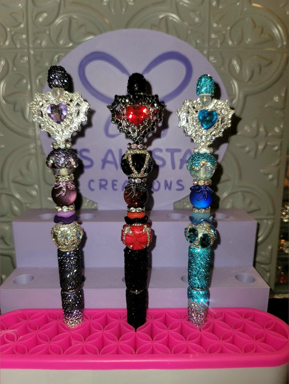 Handcrafted Beaded Heart Charm Pen - Blue, Black, Purple